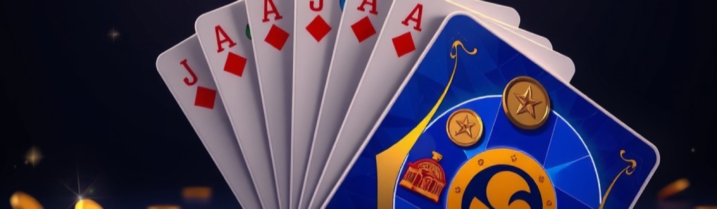 Diwa OK Games app directory with fanned rummy cards, a slot reel and gold coins on a dark table